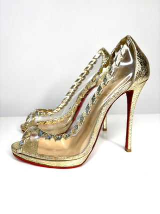 Pre-loved Christian Louboutin Hargaret 120 Gold PVC Heels small fit 38 UK5