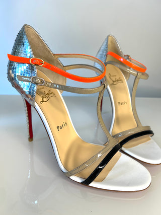 Christian Louboutin Multicolour T-Strap Silver Snakeskin Effect Heels Sandals – Size 38 UK 5