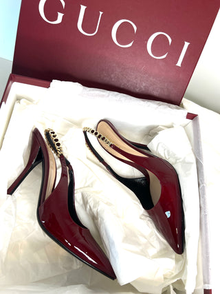Gucci Pre-Loved Signoria Slingback Rosso Ancora Burgundy Patent Leather Heels 37 UK4