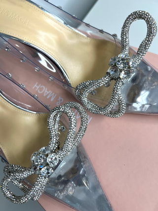 Mach & Mach Double Bow Silver PVC Crystal Embellished Heels 41 UK8