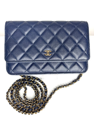 Chanel Wallet On Chain Navy Caviar Gold Tone Hardware Crossbody Bag WOC