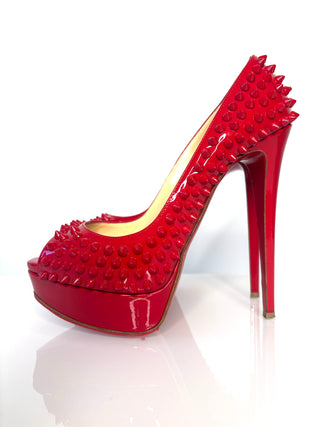 Christian Louboutin Lady Peep Spikes 150 Red Patent Platform Heels 38 UK5