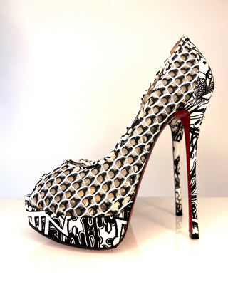 Christian Louboutin Fetish Satin Fishnet Lace Peep-Toe Platform Heels 38 UK5