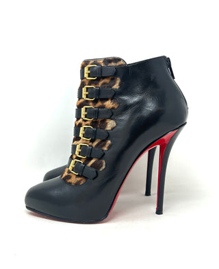 Christian Louboutin Attroupa 120 Black Leather Leopard Buckled Heel Boots 39 UK 6