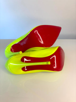 Christian Louboutin So Kate 120 Neon Fluo Yellow Patent Leather Heels 37.5 UK4.5