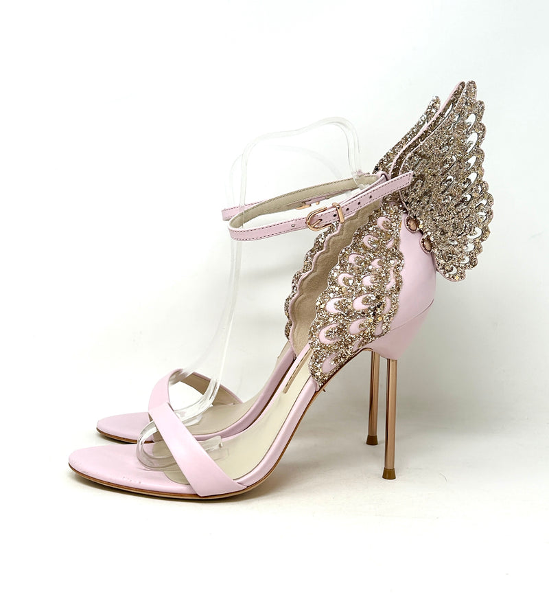 Sophia Webster Evangeline Light Pink Leather Glitter Wing Heel Sandals 39 UK 6