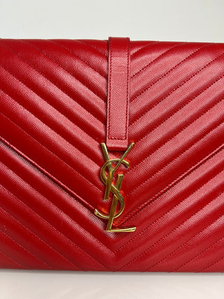 Saint Laurent YSL Pre-Loved Large Envelope Red Chevron Quilted Leather Shoulder Bag