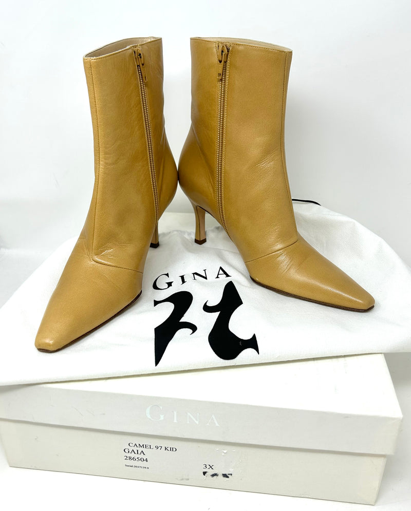 Gina Beige Leather Pointed Toe Ankle Heel Boots 