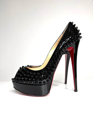 Christian Louboutin Lady Peep Spikes 150 Black Patent Peep-Toe Heels 39 UK6