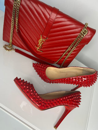 Saint Laurent YSL Pre-Loved Large Envelope Red Chevron Quilted Leather Shoulder Bag