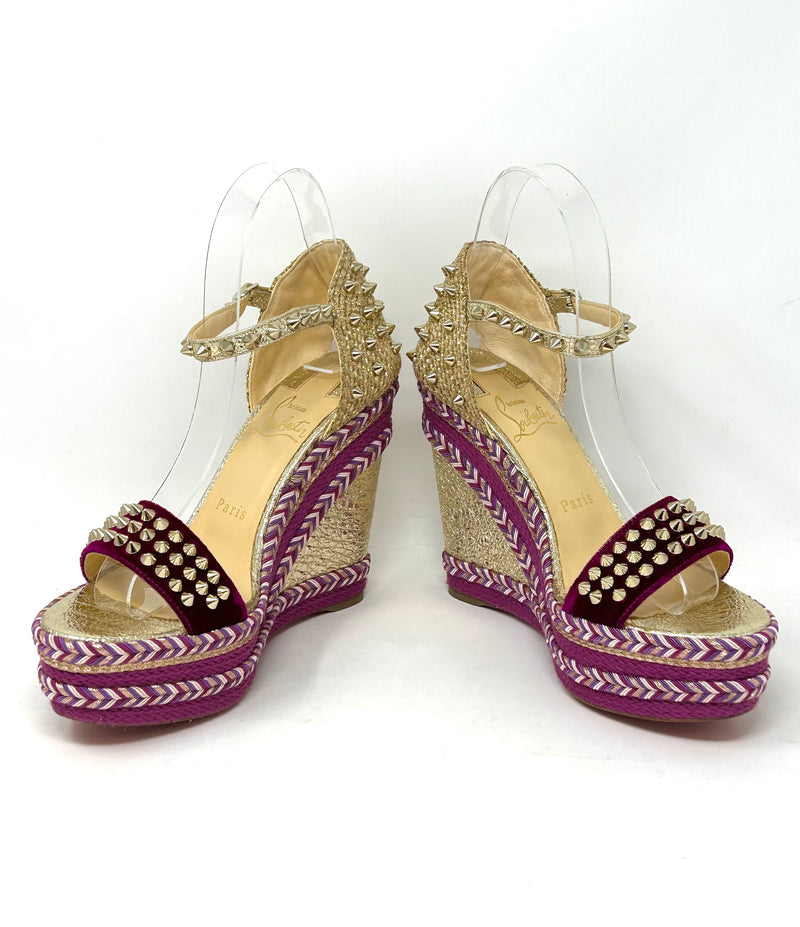 Christian Louboutin Madmonica Purple Gold Spike Wedge Sandals 