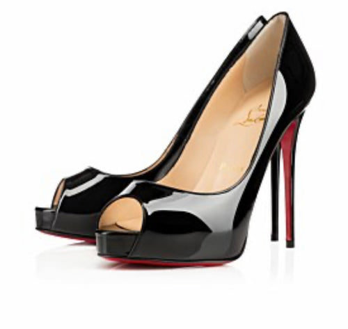 black patent leather peep toe heels with platform and signature red soles