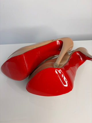 Christia Louboutin Preloved Lady Peep Sling 150 Nude Patent Platform Heels 38 UK5