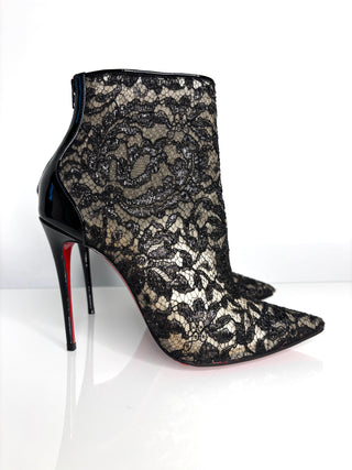 Christian Louboutin Psybootie Black Lace Patent Leather Ankle Boots 37 UK4