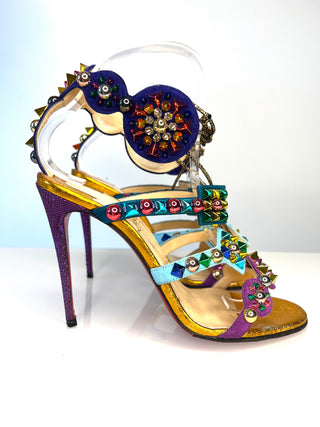 Christian Louboutin Kaleikita colorful high-heeled sandal with decorative elements and lace-up design