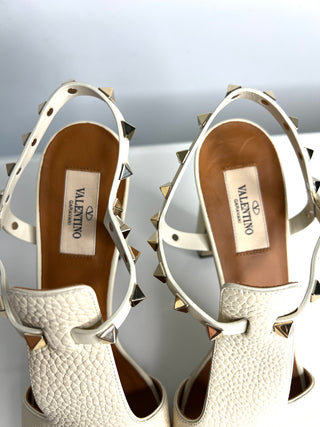 Valentino Garavani Rockstud Block Heel Ivory Leather Slingback Sandals 38 UK5
