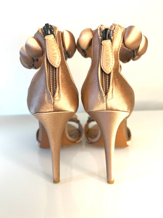 Alaïa La Bombe Embellished Metallic Satin Sandals – Size 36 UK 3