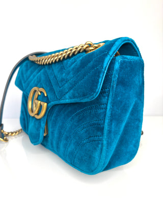 Gucci GG Marmont Small Turquoise Blue Velvet Shoulder Bag