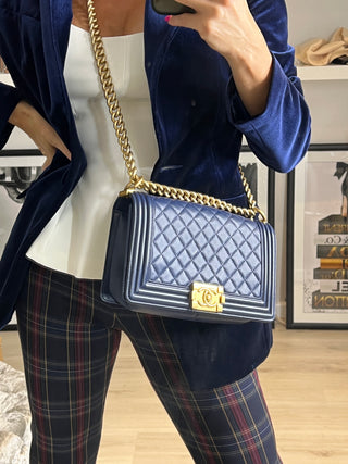 Chanel Medium Boy Bag Navy Blue Quilted Lambskin Leather Gold Tone Hardware Shoulder Bag