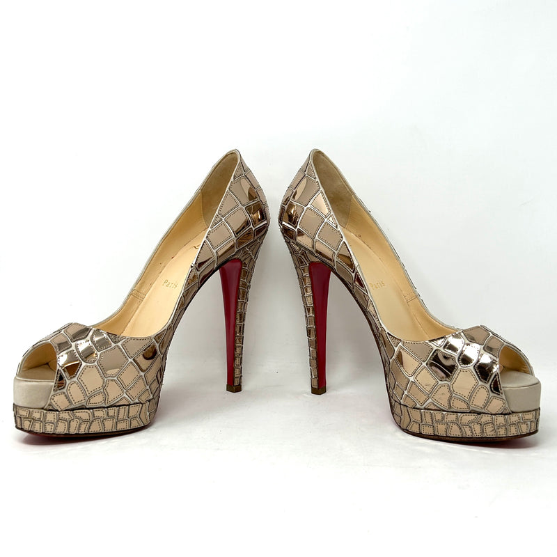 Christian Louboutin Sobek 140 Gold Patent Satin Mirror Effect Peep Toe Heels 39 UK 6