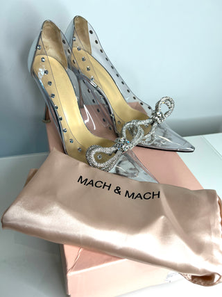 Mach & Mach Double Bow Silver PVC Crystal Embellished Heels 41 UK8