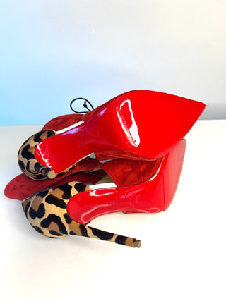 Christian Louboutin Ferme Rouge 100 Red Suede Leopard Print Heels – Size 39 UK 6