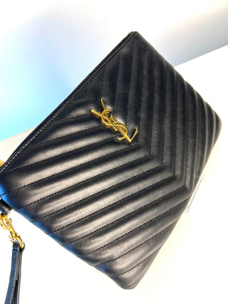 Saint Laurent YSL Monogram Cassandre A5 Black Leather Wristlet Zip Pouch Clutch Bag
