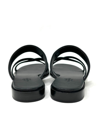 Hermes Black Leather Aged Gold Buckle Sandals