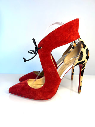Christian Louboutin Ferme Rouge 100 Red Suede Leopard Print Heels – Size 39 UK 6
