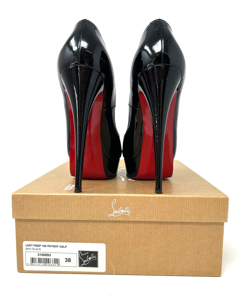 Christian Louboutin Black Patent Leather Platform Peep Toe Heels 
