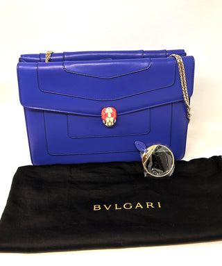 Bvlgari Serpenti Blue Leather Large Double Flap Snakehead Shoulder Bag