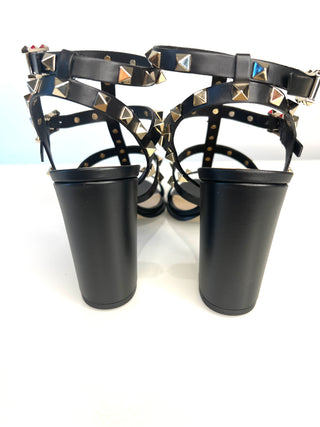 Valentino Garavani Rockstud 90 Black Leather Block Heel Sandals 37 UK4