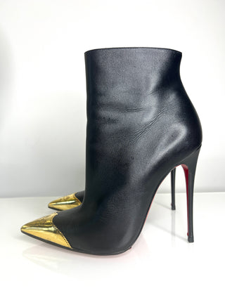 Christian Louboutin Calamijane Booty 120 Black Leather & Gold Metal Toe Ankle Boots – Size 37.5 / UK 4.5