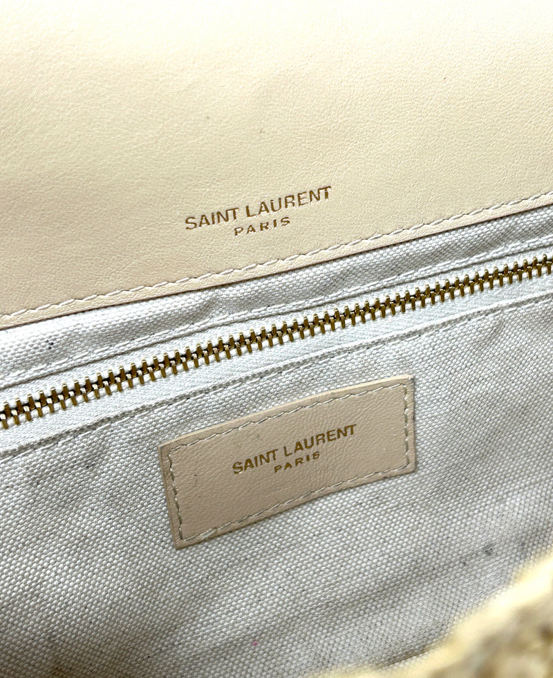 Saint Laurent Jamie Medium YSL Logo Embellished Raffia Flap Bag