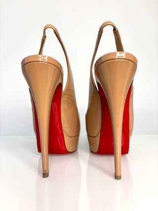 Christia Louboutin Preloved Lady Peep Sling 150 Nude Patent Platform Heels 38 UK5