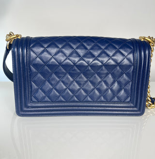 Chanel Medium Boy Bag Navy Blue Quilted Lambskin Leather Gold Tone Hardware Shoulder Bag