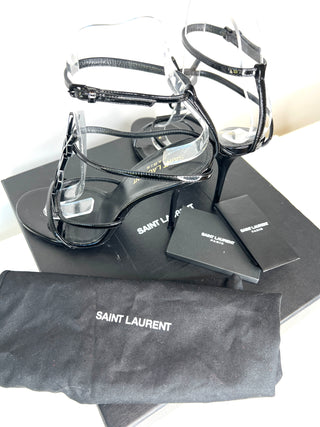 Saint Laurent Cassandra YSL Logo Black Patent Leather Sandals 37.5 UK4.5