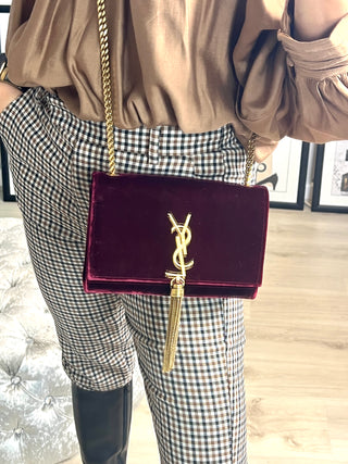 Saint Laurent YSL Kate Small Burgundy Velvet Golden Tassel Chain Crossbody Shoulder Bag