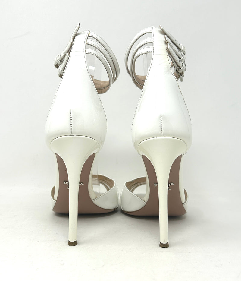 Prada Ivory White Patent Leather Strappy Sandal Heels 37.5 UK 4.5