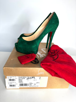 Christian Louboutin Palais Royal 140 Green Suede Peep-Toe Heels 38 UK5