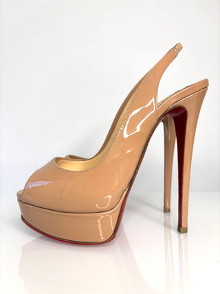 Christia Louboutin Preloved Lady Peep Sling 150 Nude Patent Platform Heels 38 UK5