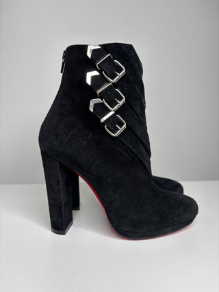 Christian Louboutin Troop 100 Black Suede Buckle Ankle Boots 37.5 UK4.5