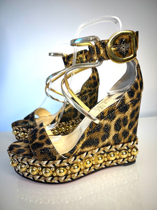 Christian Louboutin Chocazeppa Leopard Print Wedge Sandals – Size 38  UK 5