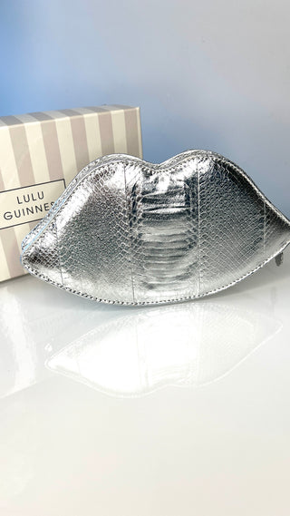 Lulu Guinness Silver Snakeskin Leather Padded Lips Clutch Bag