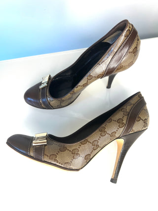 Gucci GG Canvas Leather Bow Brown Pumps Heels – Size 39 UK 6