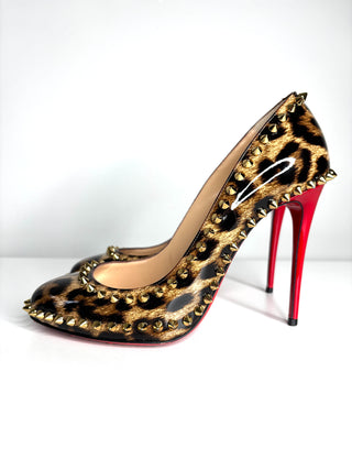 Christian Louboutin Dorispiky 100 Leop Patent Leather Heels 38.5 UK5.5