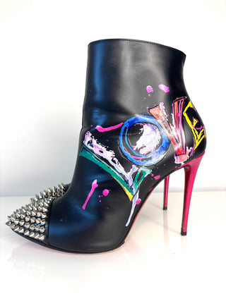 Christian Louboutin 'Love Is A Boot’ 100 Black Leather Spike Toe Ankle Boots 39.5 UK6.5