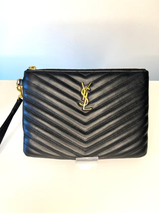 Saint Laurent  Cassandre Black quilted zip pouch wristlet bag with gold-tone YSL logo