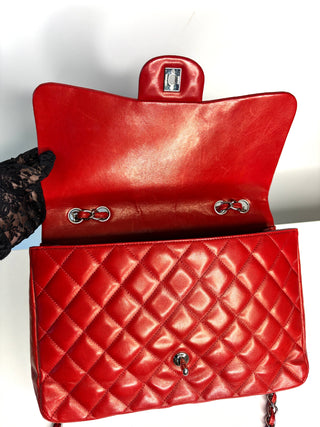 Chanel Jumbo Red Lambskin Classic Single Flap Shoulder Bag