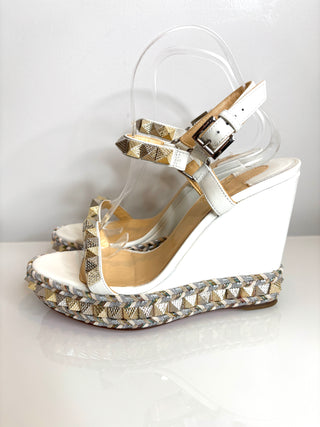 Christian Louboutin Pyraclou 110 Latte White Wedge Sandals 39 UK6